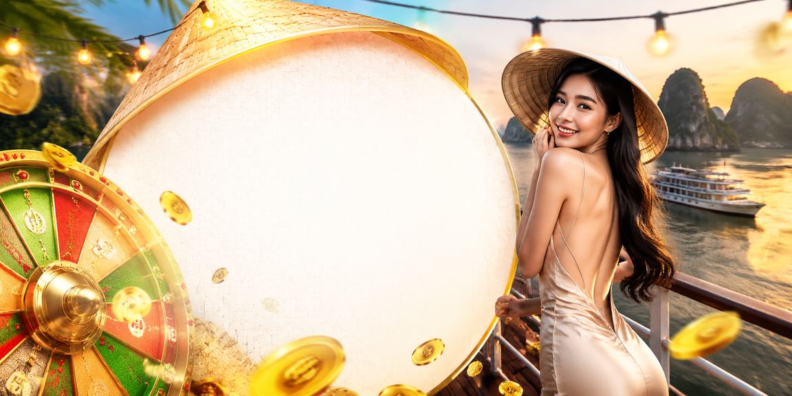 Cảnh Vịnh Hạ Long với hình ảnh trò chơi Roulette và nón lá Việt Nam